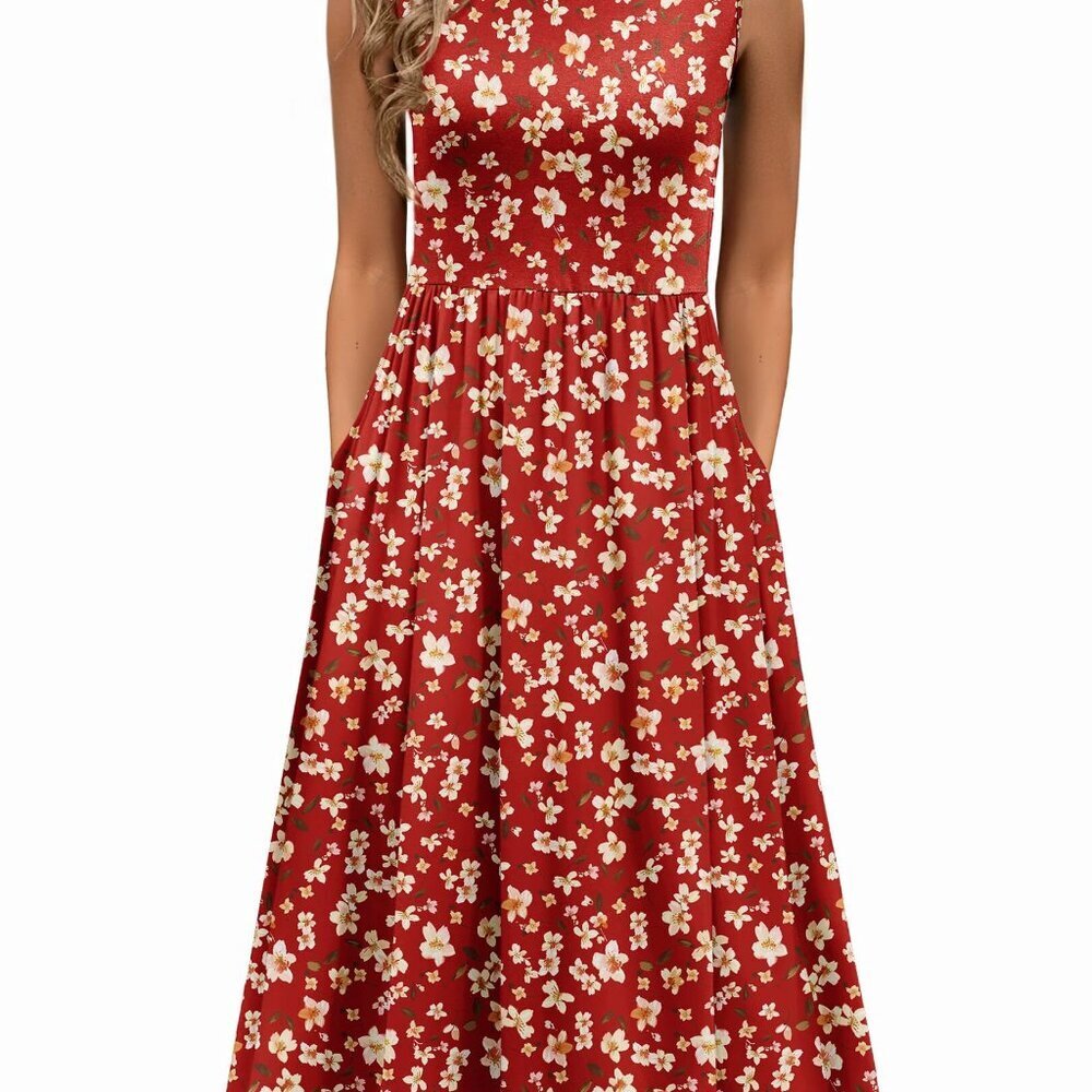 Floral Midi Dress Sleeveless A-Line Casual Loose Fit Pockets Summer Beach